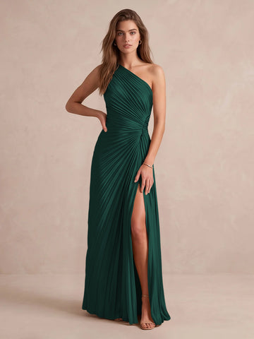 Olive Green A Line Floor Length Pleated Satin Wedding Guest Dresses One Shoulder Formal Dresses