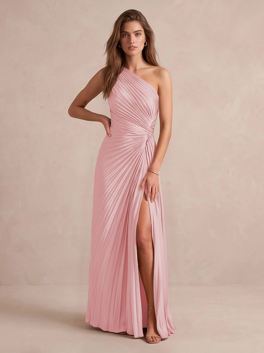 Olive Green A Line Floor Length Pleated Satin Wedding Guest Dresses One Shoulder Formal Dresses