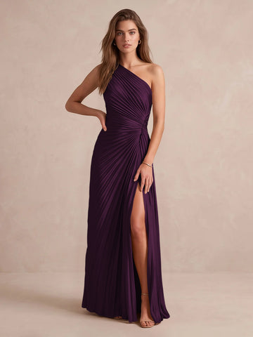 Olive Green A Line Floor Length Pleated Satin Wedding Guest Dresses One Shoulder Formal Dresses