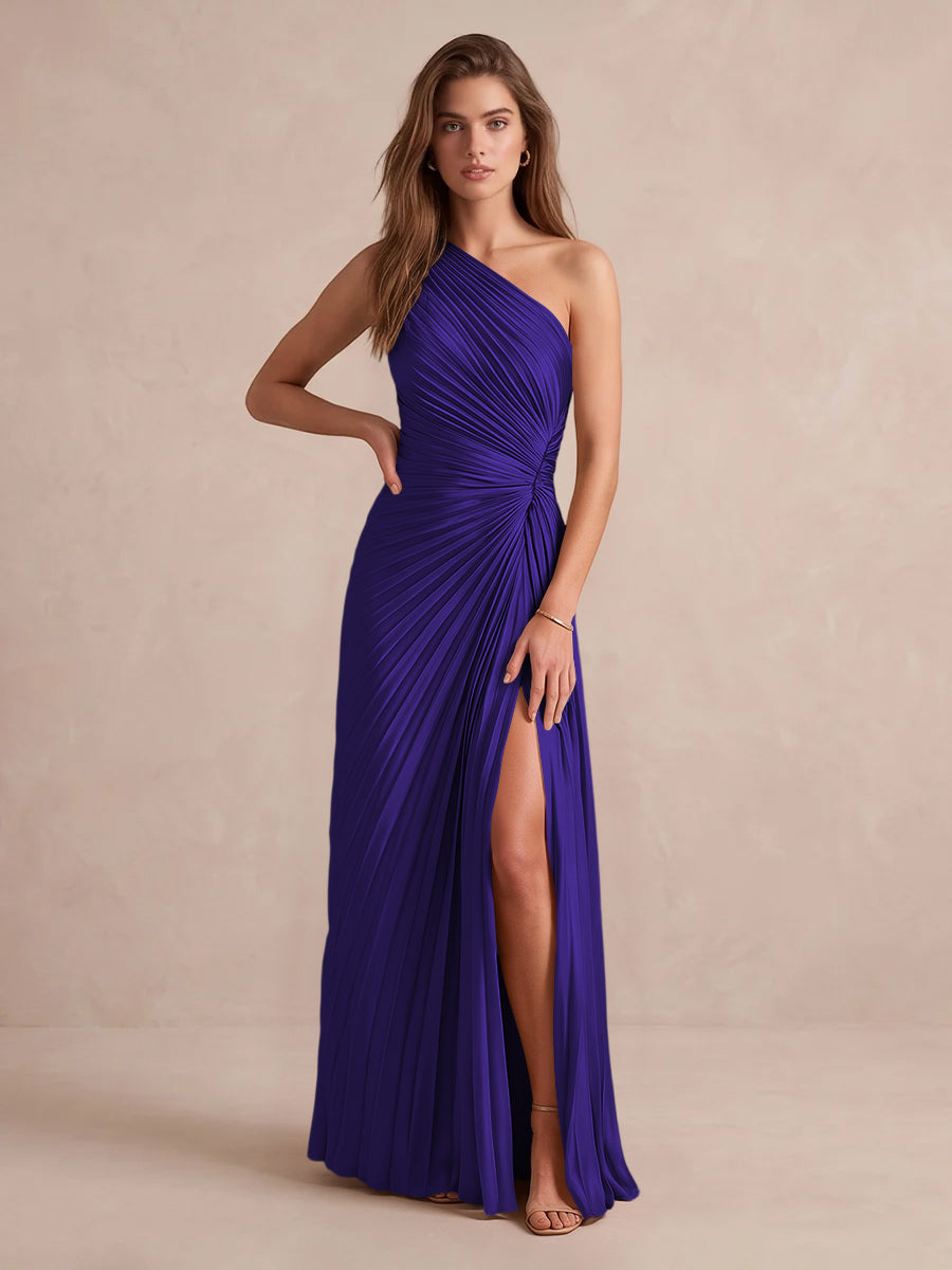 Olive Green A Line Floor Length Pleated Satin Wedding Guest Dresses One Shoulder Formal Dresses