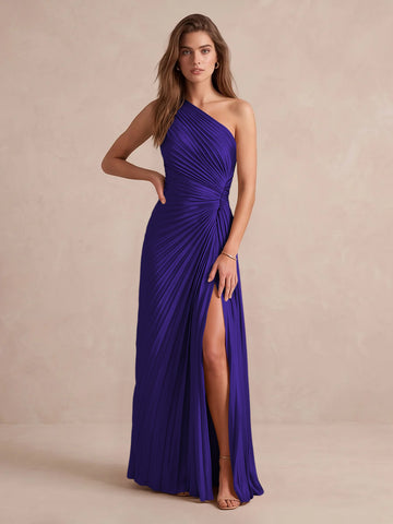 Olive Green A Line Floor Length Pleated Satin Wedding Guest Dresses One Shoulder Formal Dresses