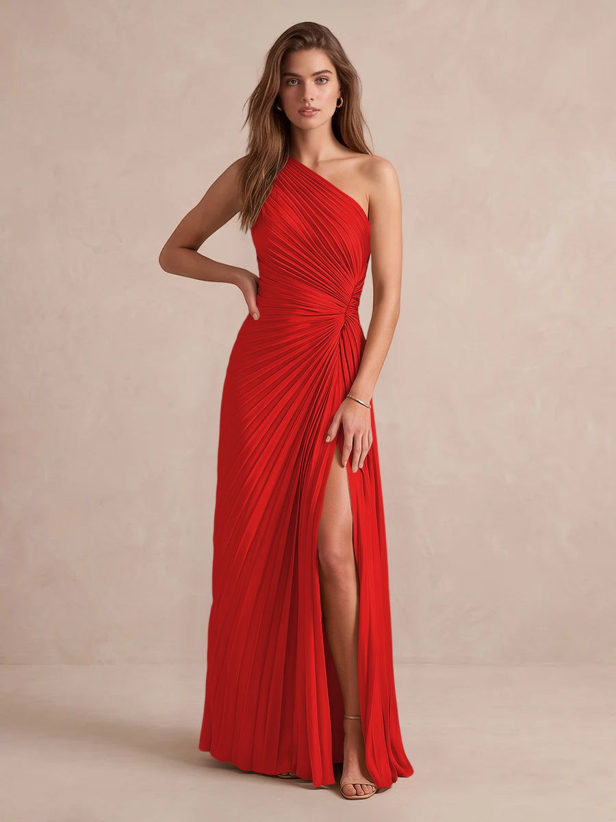 Olive Green A Line Floor Length Pleated Satin Wedding Guest Dresses One Shoulder Formal Dresses