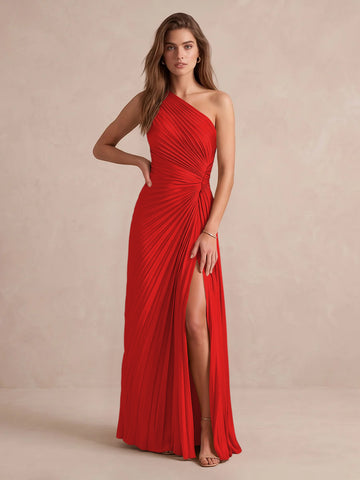 Olive Green A Line Floor Length Pleated Satin Wedding Guest Dresses One Shoulder Formal Dresses