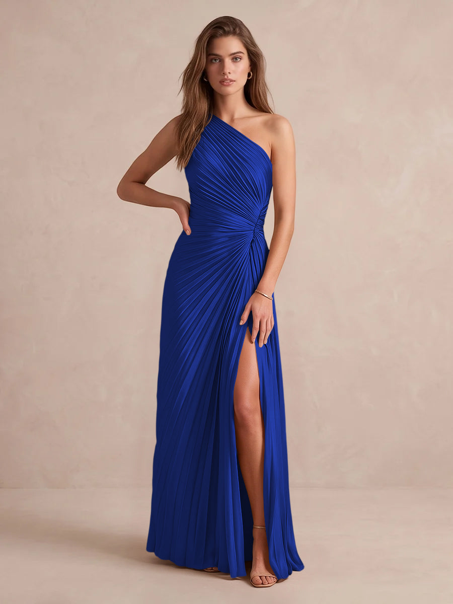 Olive Green A Line Floor Length Pleated Satin Wedding Guest Dresses One Shoulder Formal Dresses