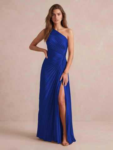 Olive Green A Line Floor Length Pleated Satin Wedding Guest Dresses One Shoulder Formal Dresses