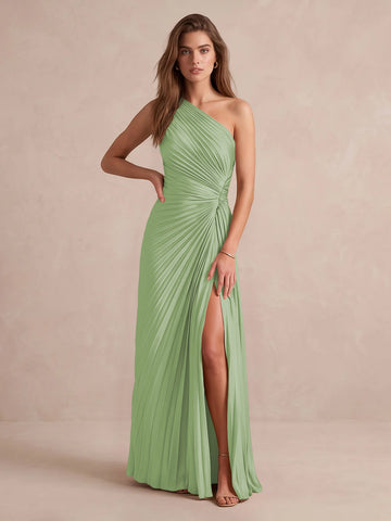 Olive Green A Line Floor Length Pleated Satin Wedding Guest Dresses One Shoulder Formal Dresses
