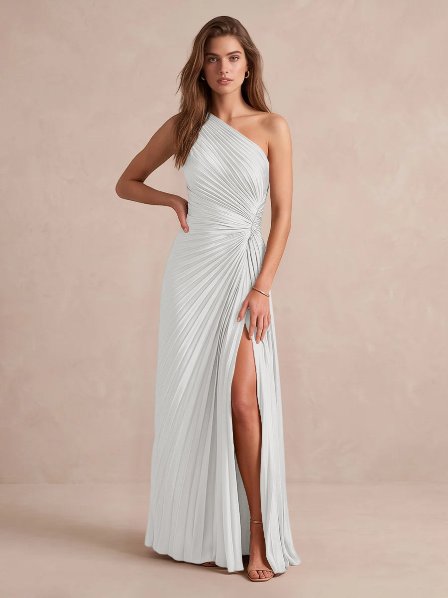 Olive Green A Line Floor Length Pleated Satin Wedding Guest Dresses One Shoulder Formal Dresses