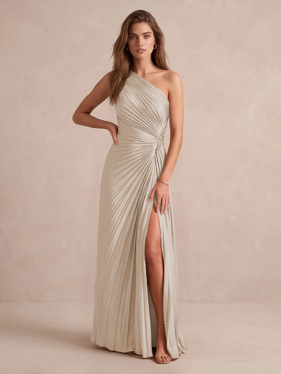 Olive Green A Line Floor Length Pleated Satin Wedding Guest Dresses One Shoulder Formal Dresses