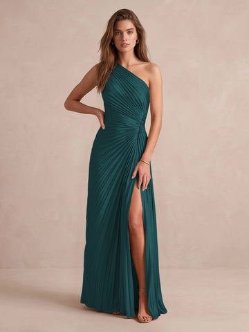 Olive Green A Line Floor Length Pleated Satin Wedding Guest Dresses One Shoulder Formal Dresses