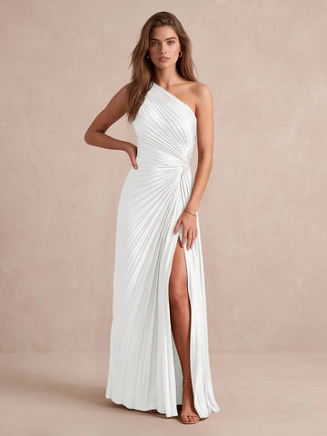 Olive Green A Line Floor Length Pleated Satin Wedding Guest Dresses One Shoulder Formal Dresses