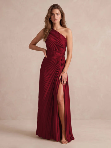 Olive Green A Line Floor Length Pleated Satin Wedding Guest Dresses One Shoulder Formal Dresses