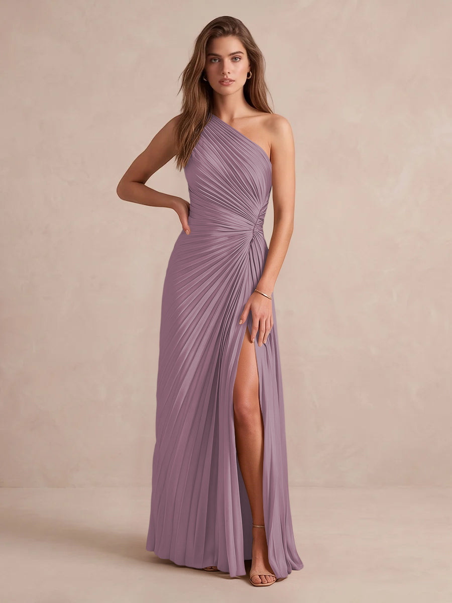 Olive Green A Line Floor Length Pleated Satin Wedding Guest Dresses One Shoulder Formal Dresses