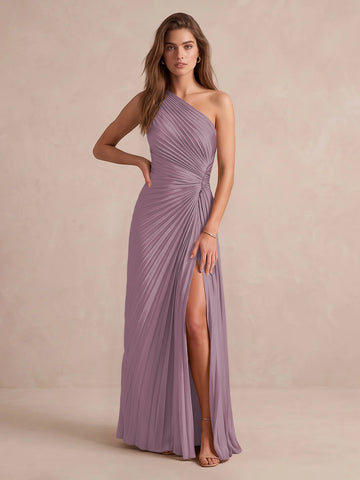 Olive Green A Line Floor Length Pleated Satin Wedding Guest Dresses One Shoulder Formal Dresses