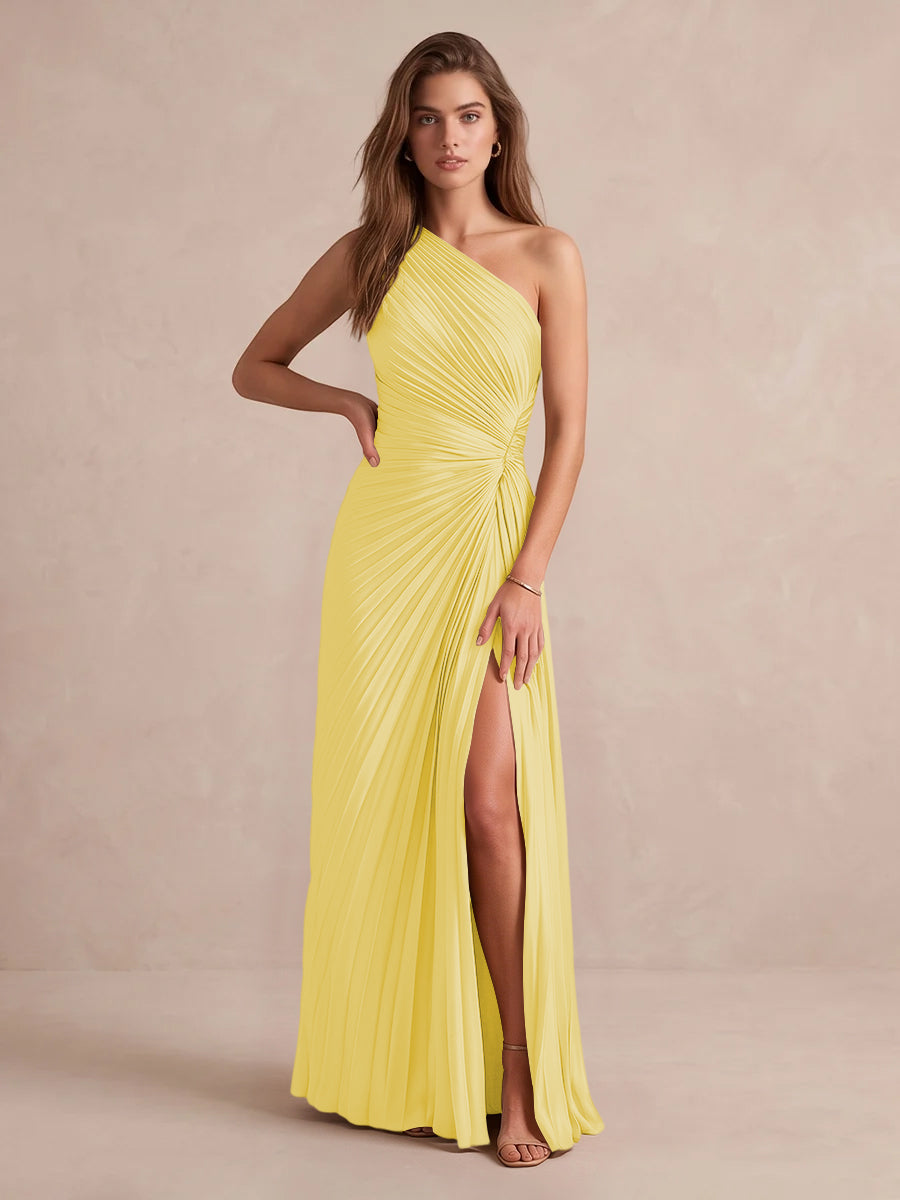 Olive Green A Line Floor Length Pleated Satin Wedding Guest Dresses One Shoulder Formal Dresses