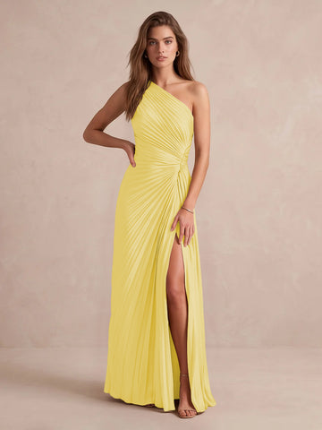 Olive Green A Line Floor Length Pleated Satin Wedding Guest Dresses One Shoulder Formal Dresses