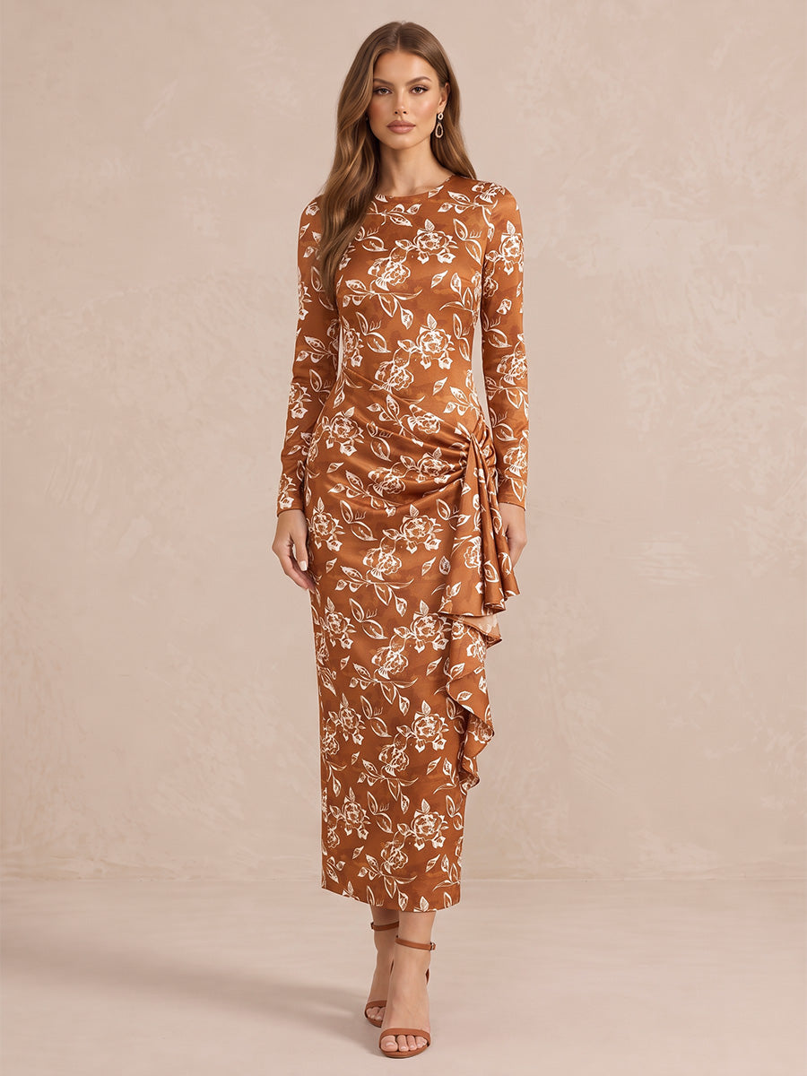 Rust Long Sleeve Ruched Side Ruffle Ankle Length Printed Satin Wedding Guest Dresses Round Neck Formal Dresses