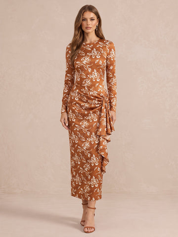 Rust Long Sleeve Ruched Side Ruffle Ankle Length Printed Satin Wedding Guest Dresses Round Neck Formal Dresses