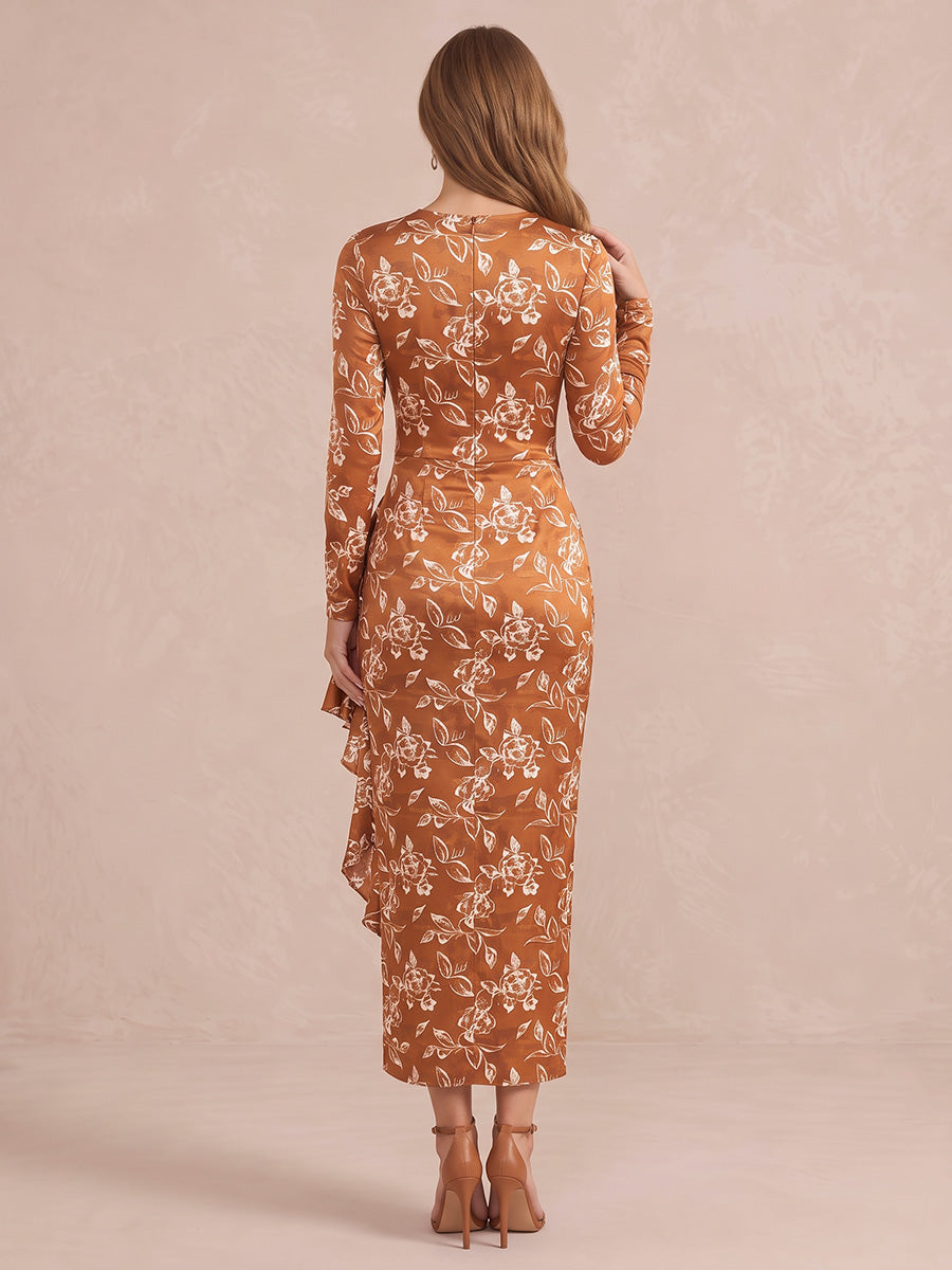 Rust Long Sleeve Ruched Side Ruffle Ankle Length Printed Satin Wedding Guest Dresses Round Neck Formal Dresses