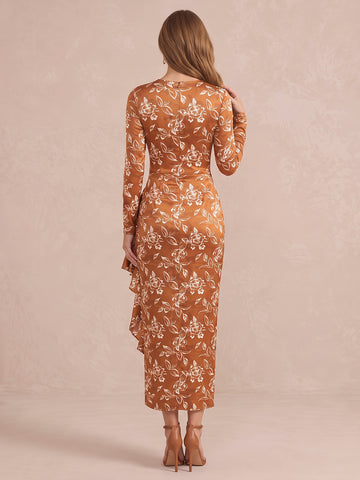Rust Long Sleeve Ruched Side Ruffle Ankle Length Printed Satin Wedding Guest Dresses Round Neck Formal Dresses