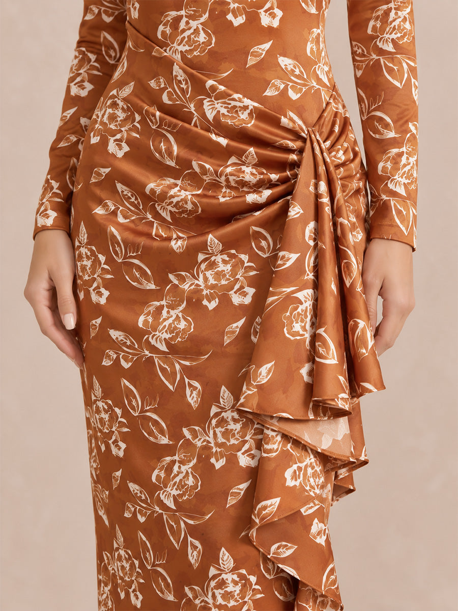 Rust Long Sleeve Ruched Side Ruffle Ankle Length Printed Satin Wedding Guest Dresses Round Neck Formal Dresses
