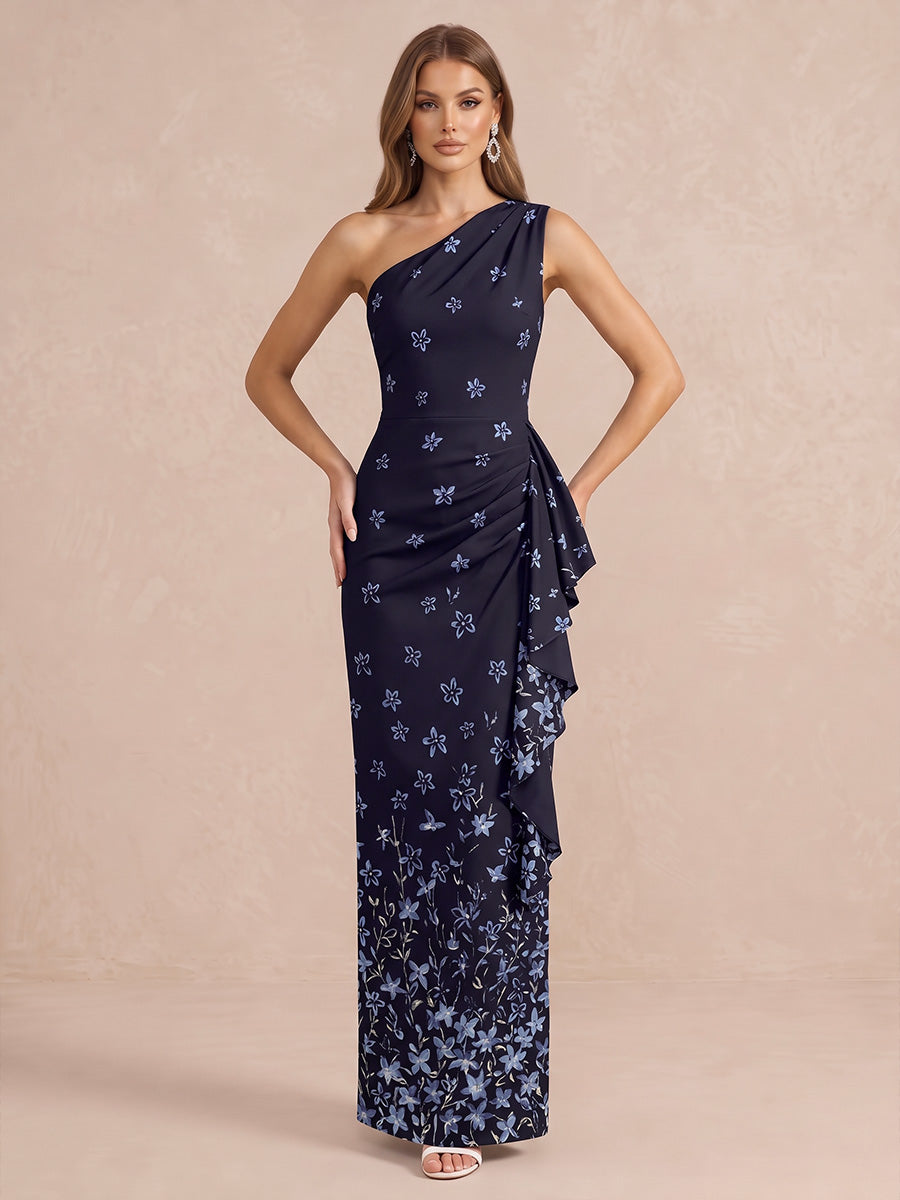 Navy Blue Ruched Side Ruffle Long Printed Satin Wedding Guest Dresses One Shoulder Formal Dresses