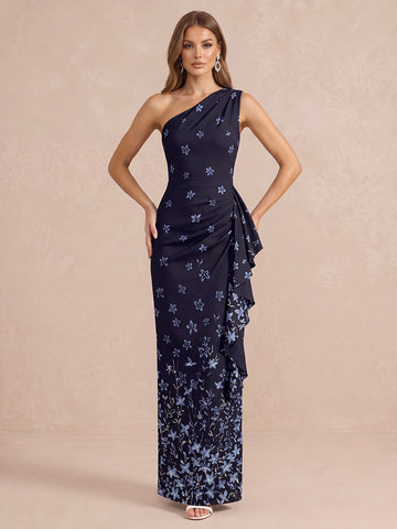 Navy Blue Ruched Side Ruffle Long Printed Satin Wedding Guest Dresses One Shoulder Formal Dresses