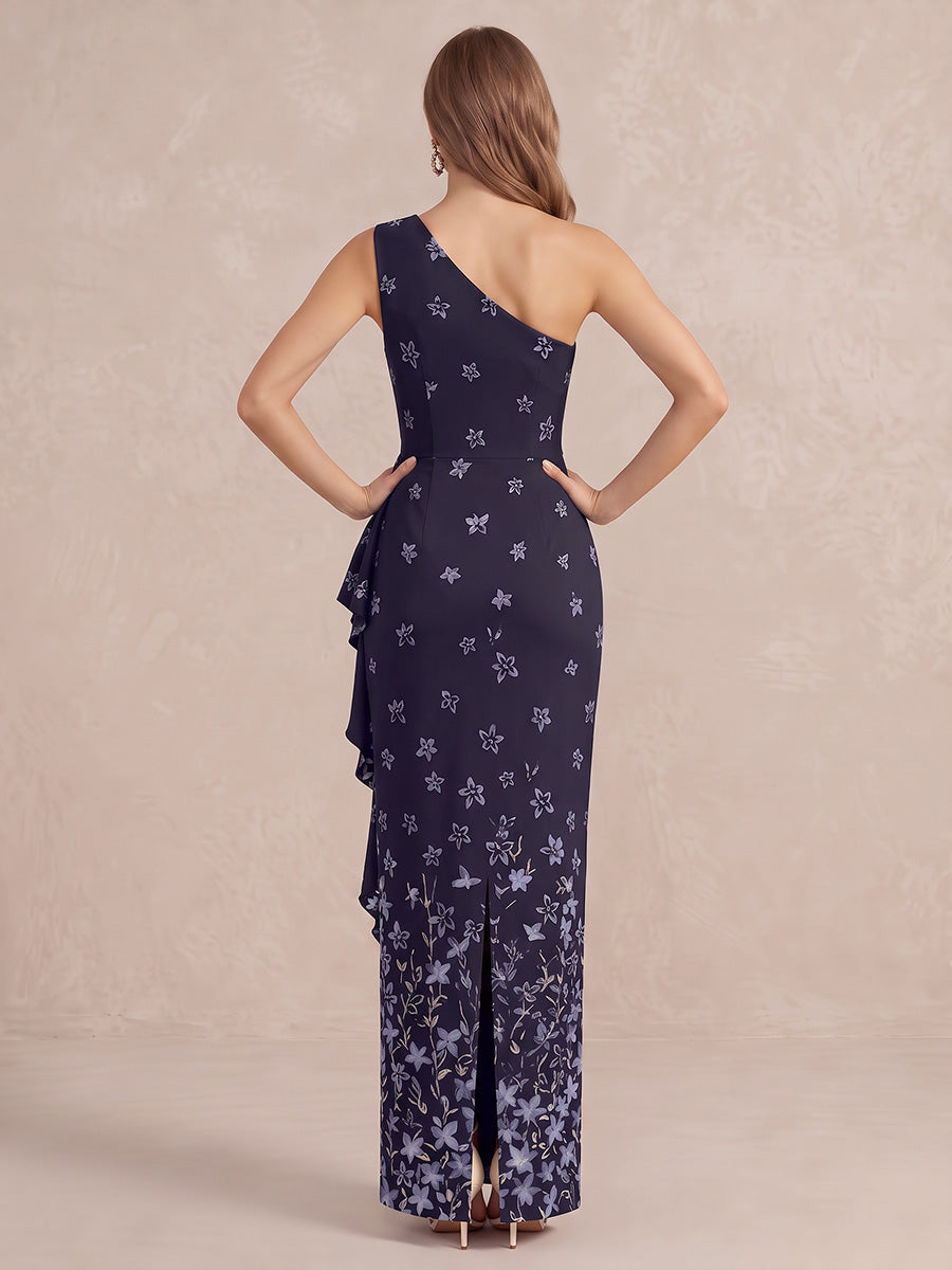 Navy Blue Ruched Side Ruffle Long Printed Satin Wedding Guest Dresses One Shoulder Formal Dresses