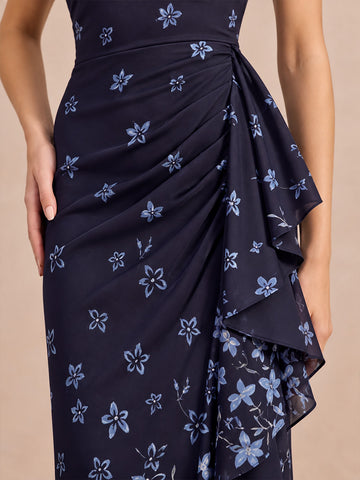 Navy Blue Ruched Side Ruffle Long Printed Satin Wedding Guest Dresses One Shoulder Formal Dresses