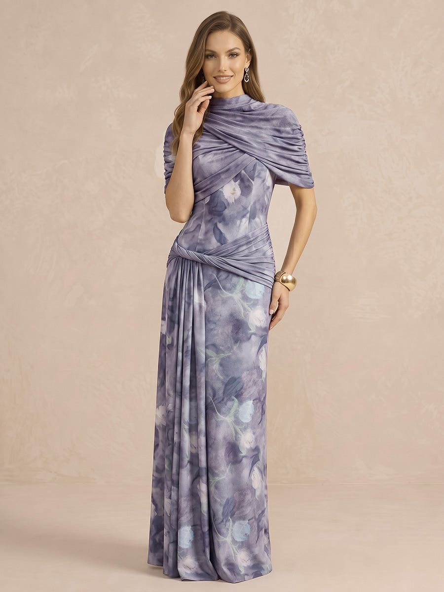 Cape Sleeve Ruched Floor Length Printed Chiffon Wedding Guest Dresses High Neck Formal Dresses