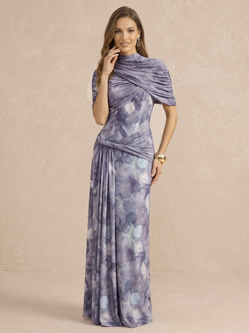 Cape Sleeve Ruched Floor Length Printed Chiffon Wedding Guest Dresses High Neck Formal Dresses