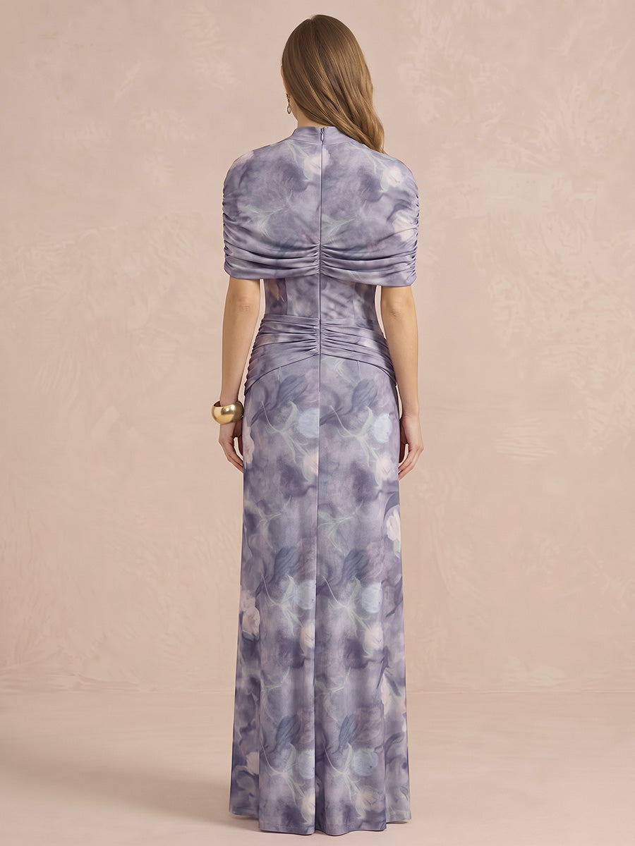 Cape Sleeve Ruched Floor Length Printed Chiffon Wedding Guest Dresses High Neck Formal Dresses