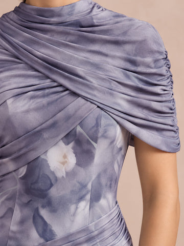 Cape Sleeve Ruched Floor Length Printed Chiffon Wedding Guest Dresses High Neck Formal Dresses