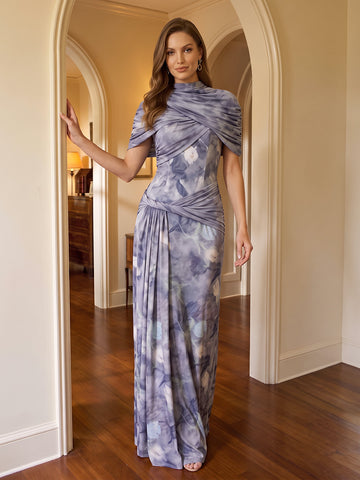 Cape Sleeve Ruched Floor Length Printed Chiffon Wedding Guest Dresses High Neck Formal Dresses
