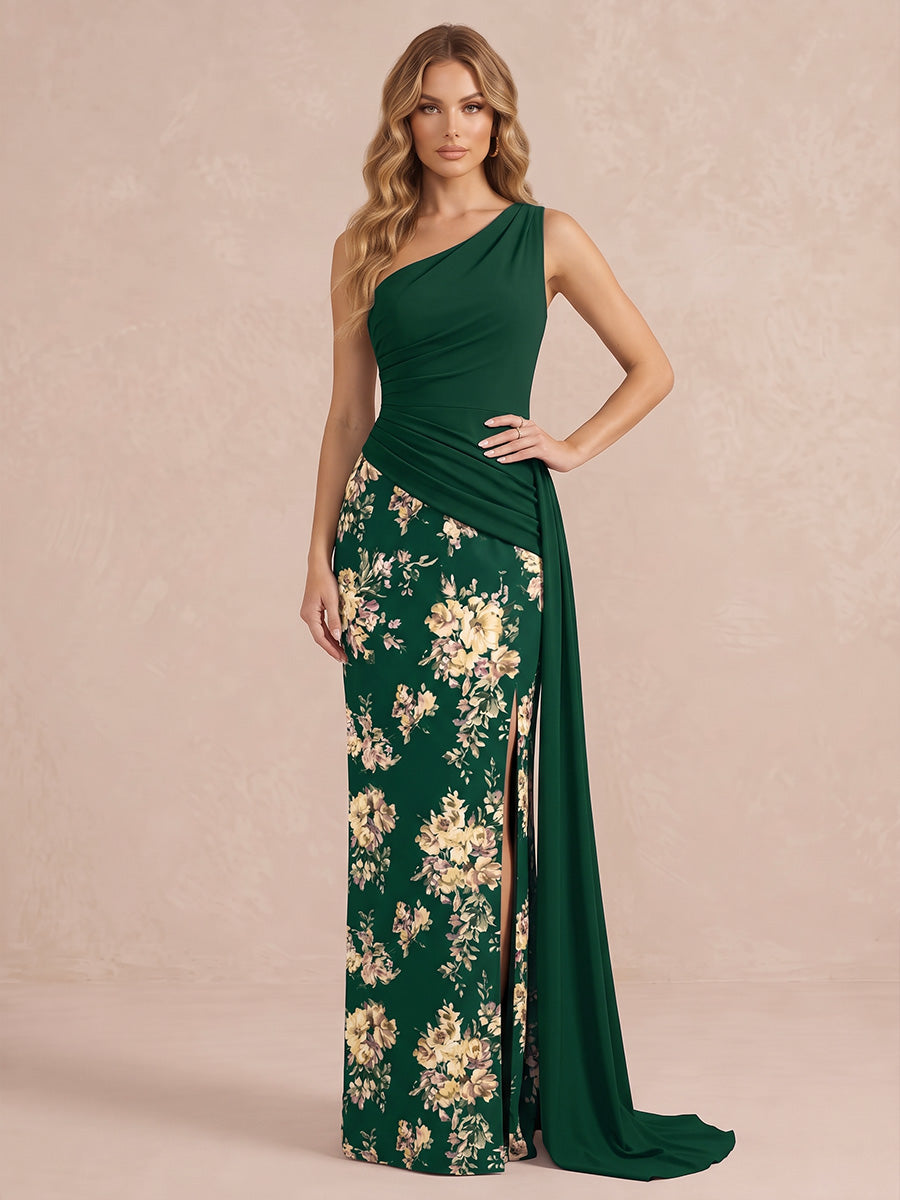 Emerald Green Side Slit Ankle Length Printed Crepe Wedding Guest Dresses One Shoulder Formal Dresses