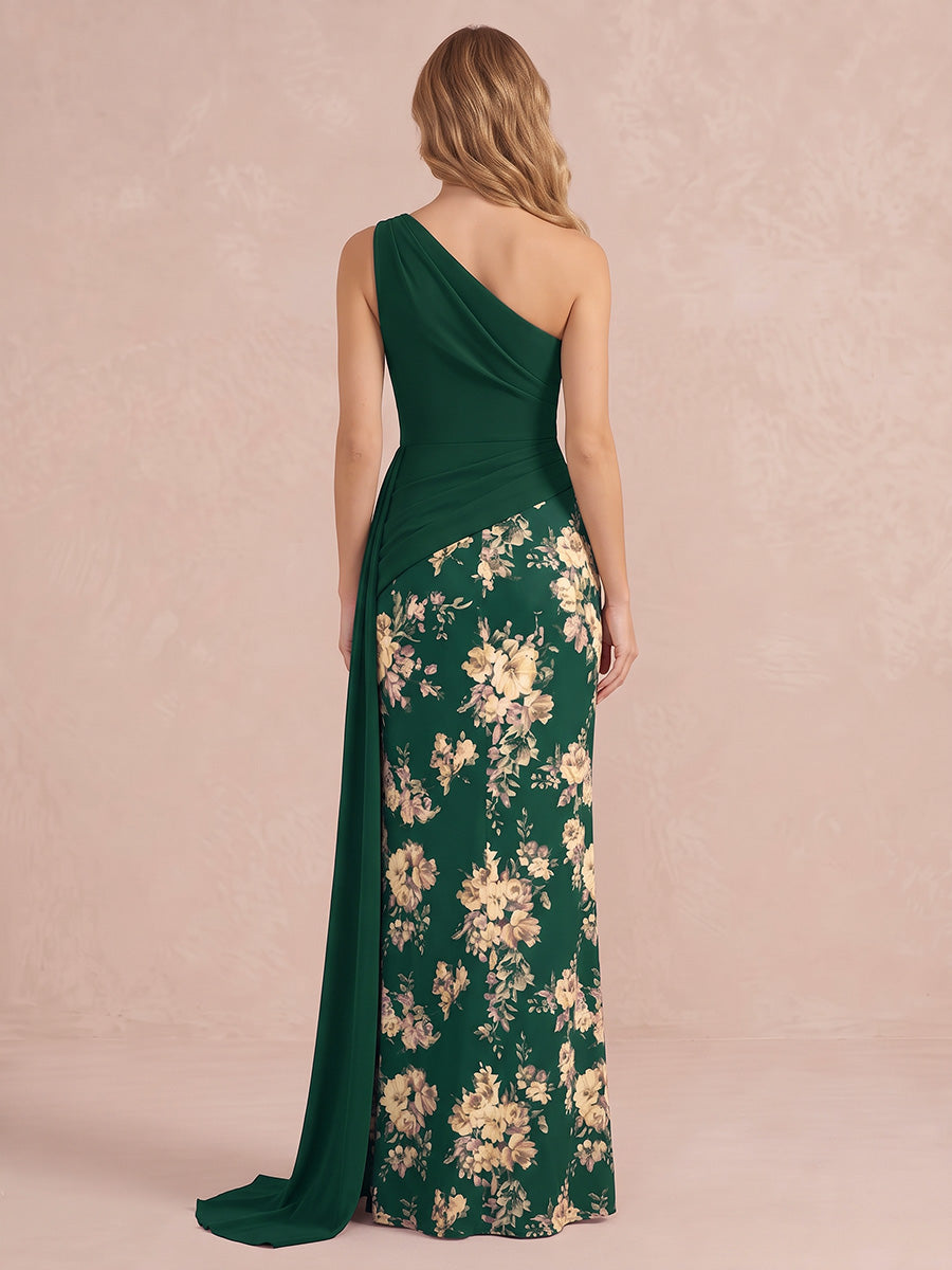 Emerald Green Side Slit Ankle Length Printed Crepe Wedding Guest Dresses One Shoulder Formal Dresses