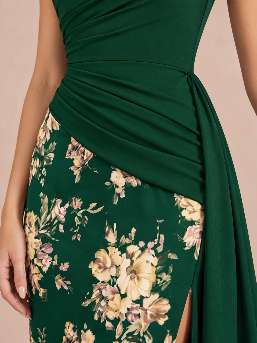 Emerald Green Side Slit Ankle Length Printed Crepe Wedding Guest Dresses One Shoulder Formal Dresses