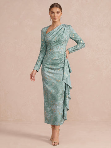 Sage Green Draped Tea Length Printed Satin Wedding Guest Dresses Asymmetrical Neck Formal Dresses