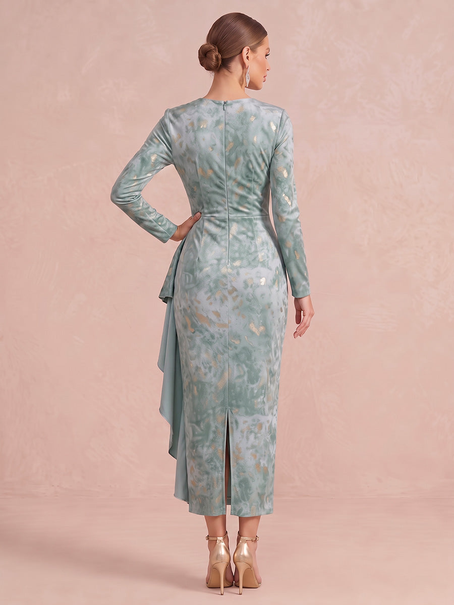 Sage Green Draped Tea Length Printed Satin Wedding Guest Dresses Asymmetrical Neck Formal Dresses