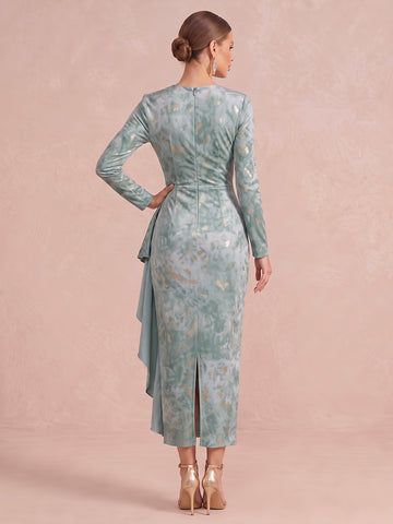 Sage Green Draped Tea Length Printed Satin Wedding Guest Dresses Asymmetrical Neck Formal Dresses