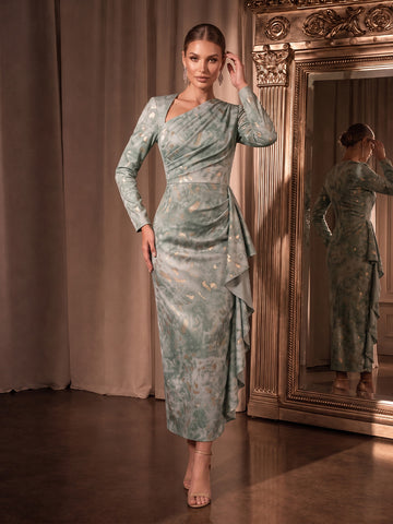 Sage Green Draped Tea Length Printed Satin Wedding Guest Dresses Asymmetrical Neck Formal Dresses