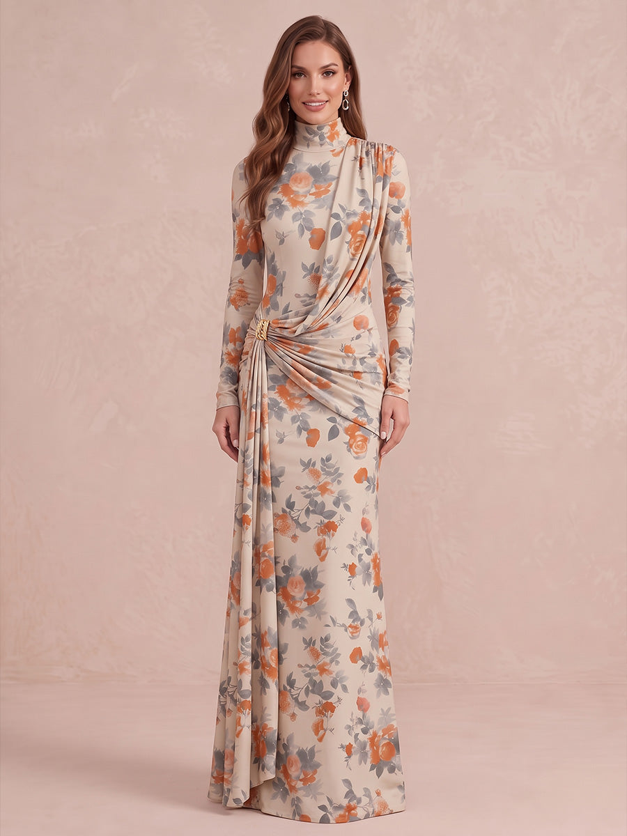 Luxe Stretch Jersey Draped Twisted Ankle Length Printed Wedding Guest Dresses High Neck Formal Dresses