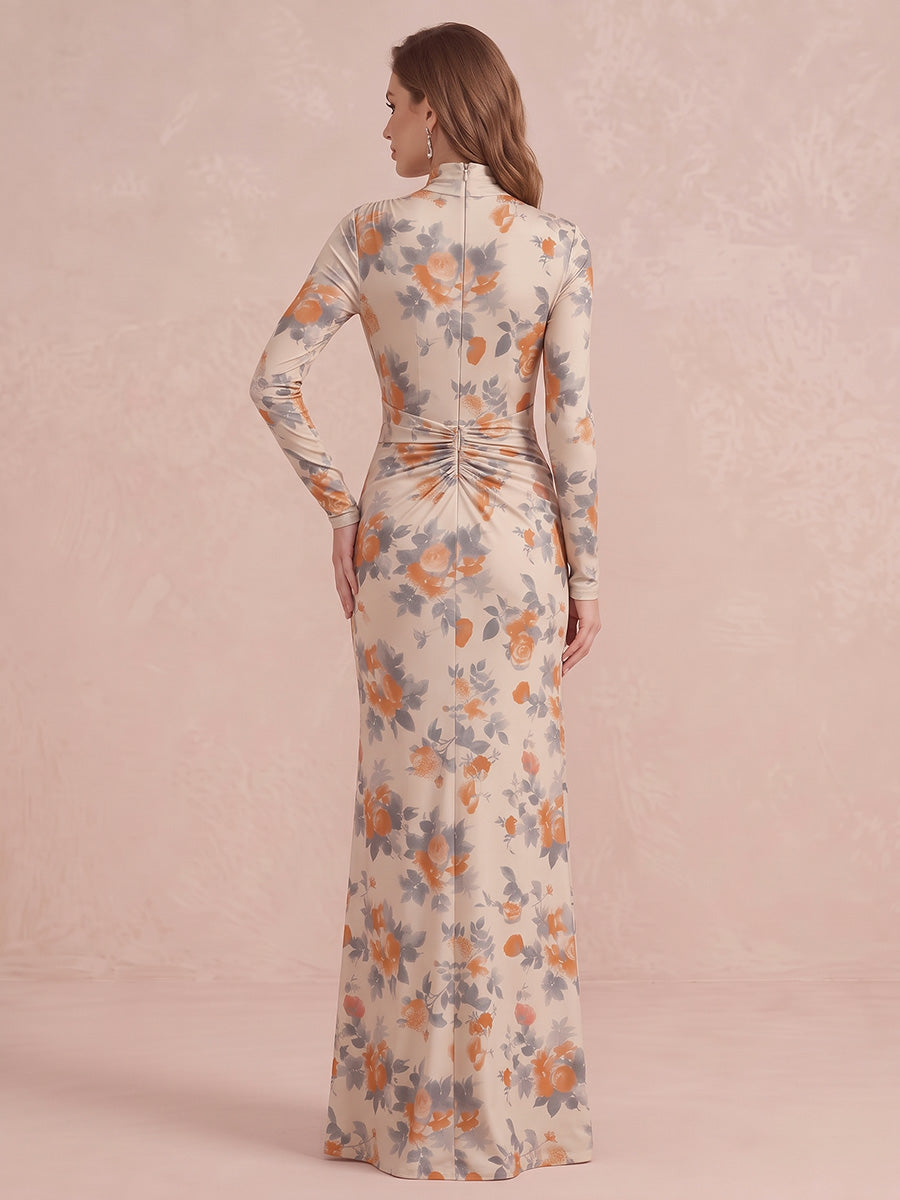 Luxe Stretch Jersey Draped Twisted Ankle Length Printed Wedding Guest Dresses High Neck Formal Dresses