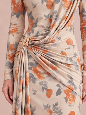 Luxe Stretch Jersey Draped Twisted Ankle Length Printed Wedding Guest Dresses High Neck Formal Dresses