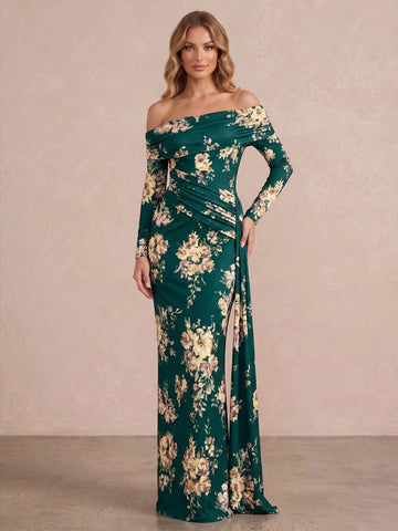 Emerald Green Draped Floor Length Printed Crepe Wedding Guest Dresses Off Shoulder Formal Dresses
