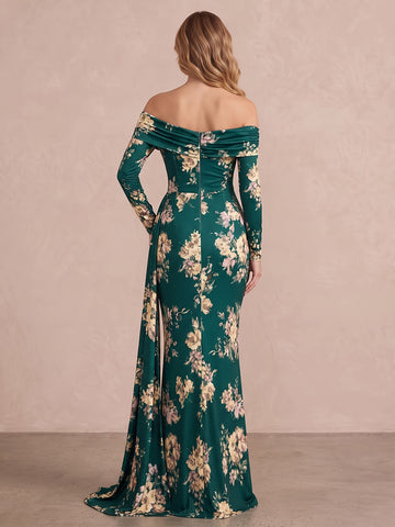 Emerald Green Draped Floor Length Printed Crepe Wedding Guest Dresses Off Shoulder Formal Dresses