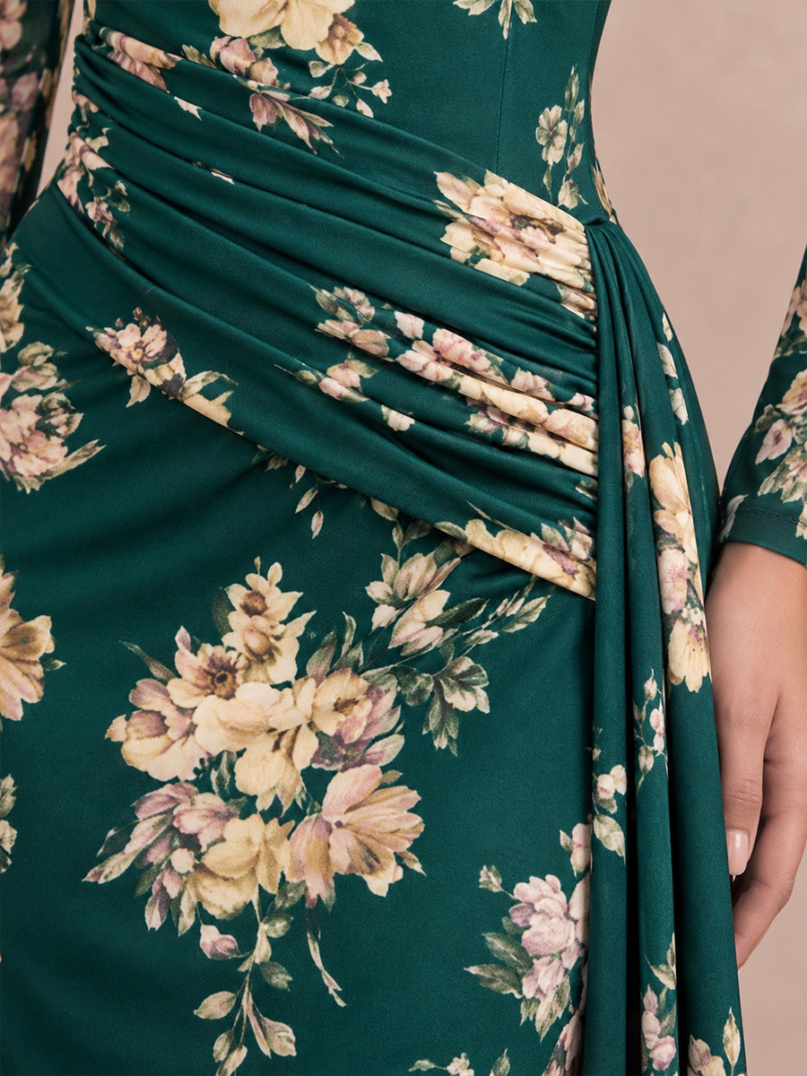 Emerald Green Draped Floor Length Printed Crepe Wedding Guest Dresses Off Shoulder Formal Dresses