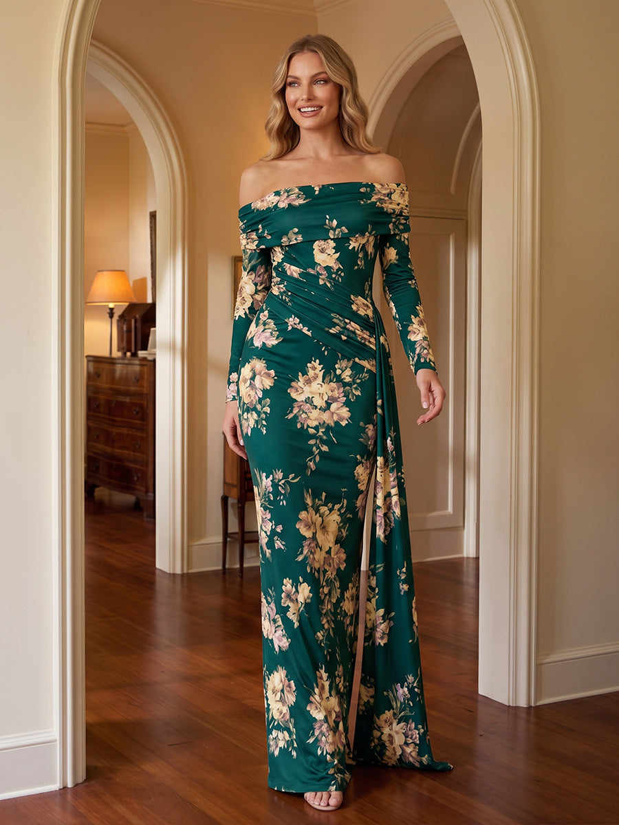 Emerald Green Draped Floor Length Printed Crepe Wedding Guest Dresses Off Shoulder Formal Dresses
