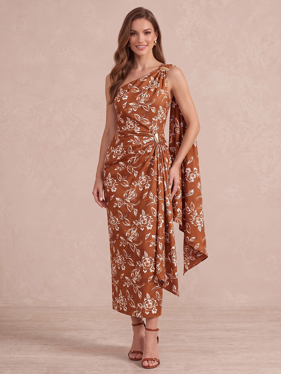 Rust One Shoulder Draped Ankle Length Printed Satin Wedding Guest Dresses Formal Dresses