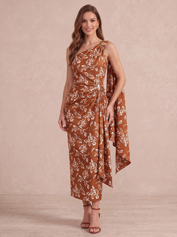 Rust One Shoulder Draped Ankle Length Printed Satin Wedding Guest Dresses Formal Dresses