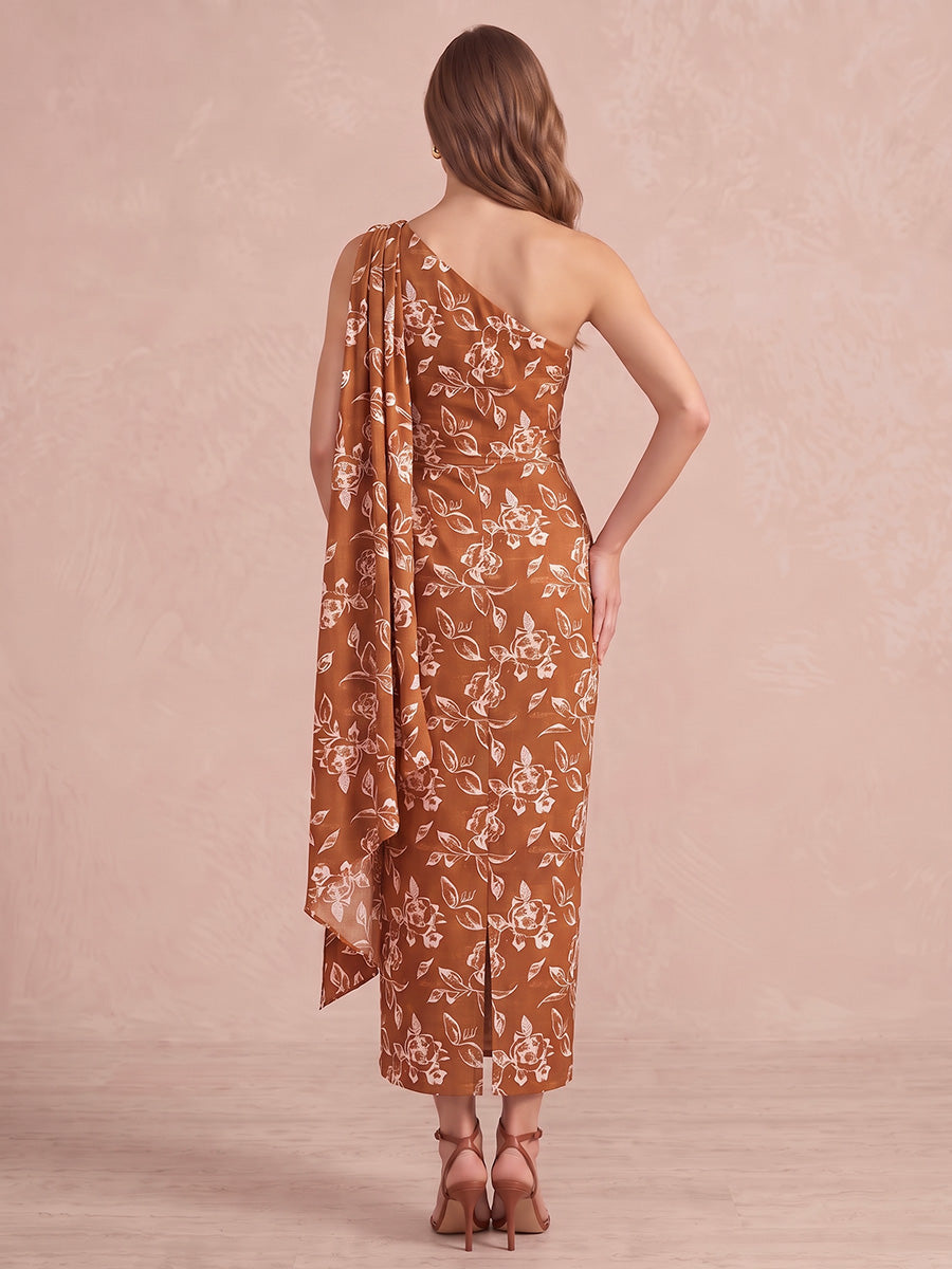 Rust One Shoulder Draped Ankle Length Printed Satin Wedding Guest Dresses Formal Dresses